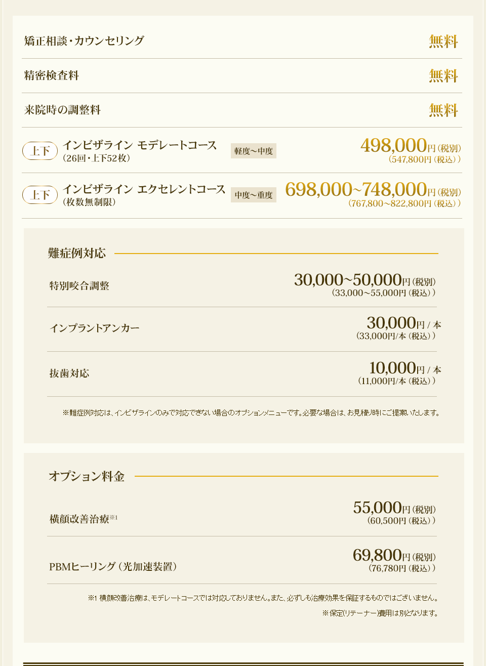 【上下】インビザライン モデレートコース（26回・上下52枚）［軽度～中度］498,000円（税別）（547,800円（税込））／【上下】インビザライン エクセレントコース（回数無制限）［中度～重度］698,000～748,000円（税別）（767,800～822,800円（税込））