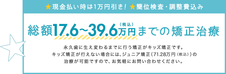 総額17.6～39.6万円（税込）までの矯正治療 永久歯に生え変わるまでに行う矯正がキッズ矯正です。 キッズ矯正が行えない場合には、ジュニア矯正（71.28万円(税込)）の治療が可能ですので、お気軽にお問い合わせください。